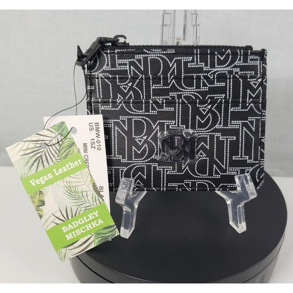 Badgley Mischka Black White Logo Monogram Mini Credit Card Holder Coin Wallet - Picture 2 of 14